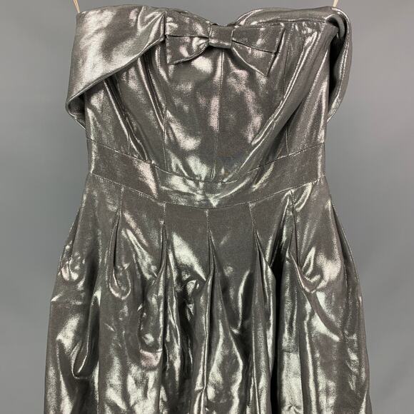 KAREN MILLEN Size 4 Silver Metallic Viscose Blend Strapless Above Knee Dress - Picture 2 of 5